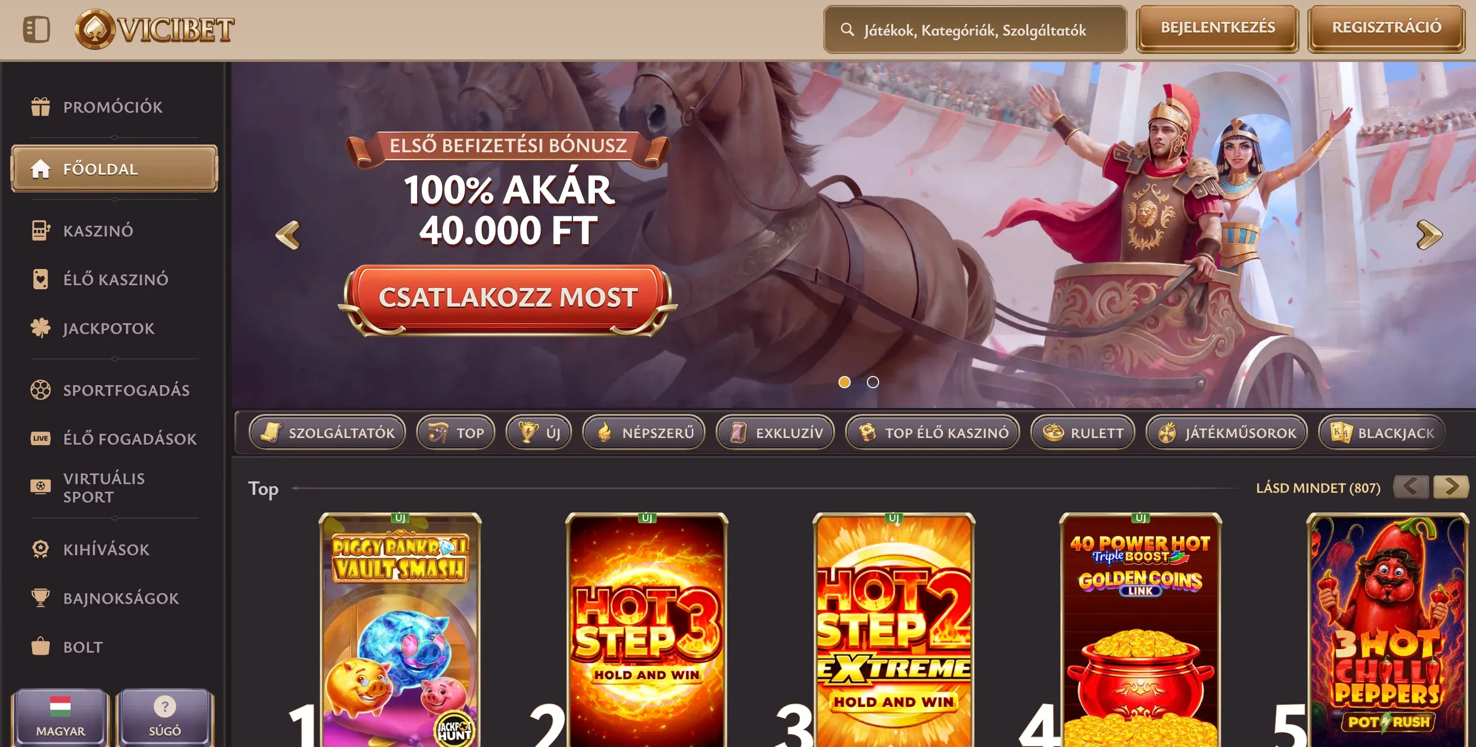 A Vicibet casino honlapja